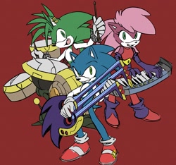 Size: 1871x1748 | Tagged: safe, artist:marimo838, sonia the hedgehog, sonic the hedgehog, sonic underground, drums, drumstick, grin, guitar, holding something, keyboard (instrument), looking at viewer, manic the hedgehog, mouth open, playing music, red background, siblings, simple background, smile, standing, trio