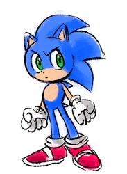 Size: 563x768 | Tagged: safe, artist:marimo838, sonic the hedgehog, clenched fists, looking offscreen, simple background, solo, standing, white background
