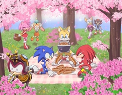 Size: 2000x1552 | Tagged: safe, artist:marimo838, amy rose, charmy bee, cheese (chao), cream the rabbit, knuckles the echidna, miles "tails" prower, rouge the bat, shadow the hedgehog, sonic the hedgehog, chao, amy's halterneck dress, basket, chili dog, clothes, cream's dress, daytime, dress, eyes closed, flower, food, grass, group, lidded eyes, mouth open, neutral chao, outdoors, picnic, sitting, smile, standing, tree, walking
