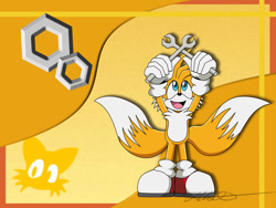 Size: 1024x768 | Tagged: safe, artist:metal-cosxart, miles "tails" prower, fox, holding something, male, open mouth, open smile, smile, solo, standing, tongue, wrench