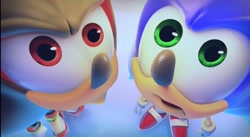 Size: 1340x733 | Tagged: safe, artist:lythero, shadow the hedgehog, sonic the hedgehog, hedgehog, 3d, duo, faic, from above, gradient background, looking up, male, mouth open, pout, screencap, standing, the silver campaign