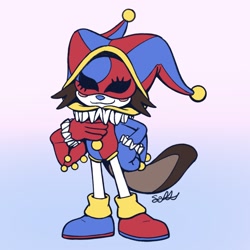 Size: 2012x2012 | Tagged: safe, artist:pocketscribbs, 2025, agender, blue nose, crossover, crossover cosplay, eyelashes, flat colors, gradient background, hand on chest, hand on hip, jester outfit, lunar the suger glider, mask, pomni (the amazing digital circus), signature, smile, soleil the sugar glider, solo, standing, sugar glider, the amazing digital circus
