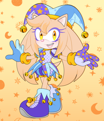 Size: 876x1024 | Tagged: safe, artist:optic-phantasm-47, oc, oc:juliana the hedgehog, hedgehog, 2025, abstract background, alternate version, bell, boots, clothes, crescent moon, demisexual, eyelashes, female, gloves, hat, jester outfit, lesbian, looking at viewer, moon, mouth open, oc only, open smile, pink nose, smile, smiling at viewer, solo, standing, star (symbol)