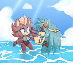 Size: 1280x1102 | Tagged: safe, artist:hildahyena, sonic the hedgehog, oc, oc:hilda the hyena, oc:purity the hedgehog, hedgehog, hyena, 2019, beanbrows, bikini, cleavage, clouds, daytime, duo, eyelashes, eyes closed, eyewear on head, female, goggles, goggles on head, looking at them, ocean, one fang, outdoors, playing, smile, standing, swimsuit, water, wet