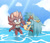 Size: 1280x1102 | Tagged: safe, artist:hildahyena, sonic the hedgehog, oc, oc:hilda the hyena, oc:purity the hedgehog, hedgehog, hyena, 2019, beanbrows, bikini, cleavage, clouds, daytime, duo, eyelashes, eyes closed, eyewear on head, female, goggles, goggles on head, looking at them, ocean, one fang, outdoors, playing, smile, standing, swimsuit, water, wet