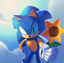 Size: 2048x2006 | Tagged: safe, artist:mariaartes51, sonic the hedgehog, hedgehog, 2026, clouds, daytime, flower, holding something, lineless, looking at viewer, male, offering flower, outdoors, plant, smile, smiling at viewer, solo, standing, sunflower