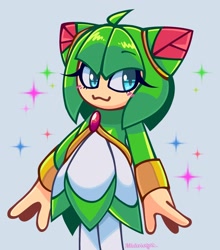 Size: 1806x2048 | Tagged: safe, artist:artangelo381341, cosmo the seedrian, seedrian, 2026, :3, blushing, cosmobetes, cute, eyebrow clipping through hair, eyelashes, female, grey background, simple background, smile, solo, sparkles