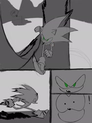 Size: 1536x2048 | Tagged: safe, artist:superguy551, sonic the hedgehog, 2026, clenched fists, comic, exclamation mark, greyscale, monochrome, running, sketch, solo, spot color
