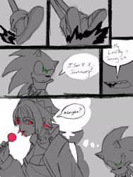 Size: 1536x2048 | Tagged: safe, artist:superguy551, sonic the hedgehog, 2026, candy, comic, crossover, crossover shipping, duo, ellen joe, english text, food, greyscale, hand on own chin, holding something, humanoid, lollipop, monochrome, mouth open, shipping, sketch, speech bubble, spot color, straight, thinking, thought bubble, zenless zone zero