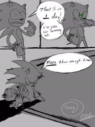 Size: 1536x2048 | Tagged: safe, artist:superguy551, sonic the hedgehog, 2026, comic, english text, greyscale, monochrome, sketch, smile, solo, speech bubble, spot color, standing