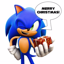 Size: 3840x3840 | Tagged: safe, artist:hunicrio, sonic the hedgehog, 2026, 3d, box, christmas, gift, gift box, holding something, looking at viewer, mouth open, simple background, smile, solo, standing, white background, wink