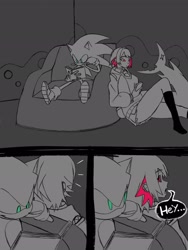 Size: 1536x2048 | Tagged: safe, artist:superguy551, sonic the hedgehog, 2025, book, comic, crossover, crossover shipping, duo, ellen joe, english text, female, greyscale, holding something, humanoid, indoors, looking at each other, looking at them, male, monochrome, mouth open, phone, reading, shipping, sitting, smile, speech bubble, spot color, straight, zenless zone zero