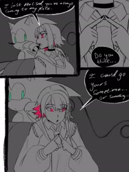 Size: 1536x2048 | Tagged: safe, artist:superguy551, sonic the hedgehog, 2025, comic, crossover, crossover shipping, duo, ellen joe, english text, female, greyscale, head rest, humanoid, looking at them, male, monochrome, mouth open, shipping, speech bubble, spot color, straight, zenless zone zero