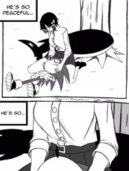 Size: 1536x2048 | Tagged: safe, artist:superguy551, sonic the hedgehog, 2025, comic, crossover, crossover shipping, duo, ellen joe, english text, eyes closed, female, greyscale, hands on another's face, head in lap, humanoid, kneeling, lying down, male, monochrome, shipping, smile, straight, zenless zone zero