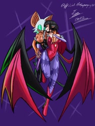 Size: 1536x2048 | Tagged: suggestive, artist:superguy551, rouge the bat, 2025, breasts, crossover, crossover shipping, darkstalkers, duo, female, humanoid, leotard, lesbian, lidded eyes, looking at viewer, purple background, shipping, simple background, smile, wings