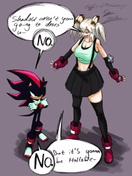 Size: 1536x2048 | Tagged: safe, artist:superguy551, shadow the hedgehog, human, 2025, arms folded, character request, crossover, duo, english text, female, looking at them, male, mouth open, purple background, shadow (lighting), skirt, smile, speech bubble, standing