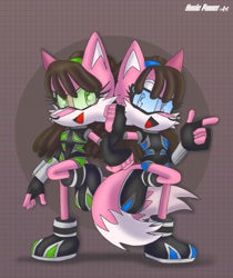 Size: 1528x1823 | Tagged: safe, artist:nonicpower, leeta the wolf, lyco the wolf, wolf, 2024, abstract background, alternate outfit, duo, female, glasses, holding something, looking at viewer, open mouth, open smile, pose, siblings, sisters, smile, smiling at viewer