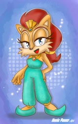 Size: 1080x1705 | Tagged: safe, artist:nonicpower, sally acorn, chipmunk, 2023, abstract background, female, hand on hip, lidded eyes, looking at viewer, open mouth, open smile, pose, smile, smiling at viewer, solo, standing
