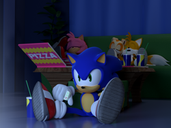 Size: 2880x2160 | Tagged: safe, artist:smpthehedgehog, amy rose, cream the rabbit, miles "tails" prower, sonic the hedgehog, 3d, sfm, sitting