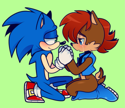 Size: 1133x981 | Tagged: safe, artist:faaangma, sally acorn, sonic the hedgehog, chipmunk, hedgehog, 2016, comforting, crying, duo, female, green background, holding hands, looking at each other, male, sally x sonic, sally's vest and boots, shipping, simple background, sitting, smile, smiling at them, straight, tears