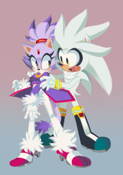 Size: 2180x3094 | Tagged: safe, artist:faaangma, blaze the cat, silver the hedgehog, cat, hedgehog, 2019, blaze x silver, blushing, duo, female, gradient background, hands on another's shoulders, looking at them, male, open mouth, open smile, sally's vest and boots, shipping, smile, smiling at them, standing, straight, surprised