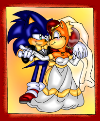 Size: 600x727 | Tagged: safe, artist:jayfoxfire, artist:tazi-san, sally acorn, sonic the hedgehog, chipmunk, hedgehog, 2018, alternate outfit, arm wear, bowtie, clothes, dancing, dress, duo, eyes closed, female, jewelry, looking at each other, male, necklace, photo, sally x sonic, shipping, smile, smiling at each other, straight, suit, tears, tears of happiness, tiara, wedding, wedding dress, wedding suit
