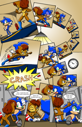 Size: 900x1393 | Tagged: safe, artist:jeremyacorn, sally acorn, sonic the hedgehog, chipmunk, hedgehog, 2010, clock, comic, dialogue, dodging, duo, english text, female, fighting, fighting pose, indoors, lamp, locker, looking at each other, male, naked, pose, sally x sonic, sally's vest and boots, shipping, sparring, speech bubble, standing, straight, wound
