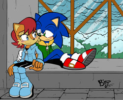 Size: 991x807 | Tagged: safe, artist:dreamman001, artist:ninjahaku21, sally acorn, sonic the hedgehog, chipmunk, hedgehog, 2016, alternate outfit, archived art, artist signature, blushing, clothes, date, daytime, duo, english text, female, indoors, looking at each other, male, sally x sonic, shipping, sitting, smile, smiling at each other, snow, snowing, straight, window, winter, winter outfit