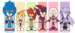 Size: 5304x2382 | Tagged: safe, artist:luckyclau, manik acorn, sonia acorn, oc, oc:amethyst the echidna (luckyclau), oc:orion the cat (luckyclau), oc:ross the hedgehog (luckyclau), oc:trixie the rabbit (luckyclau), cat, chipmunk, echidna, hedgehog, rabbit, 2025, alternate universe, au:mobius 30 years later (luckyclau), bracelet, character name, child, clothes, ear piercing, english text, fankid, female, glasses, group, looking at viewer, male, parent:amy, parent:blaze, parent:cream, parent:knuckles, parent:rouge, parent:sally, parent:shadow, parent:silver, parent:sonic, parent:tails, parents:knuxouge, parents:shadamy, parents:silvaze, parents:sonally, parents:tailsream, piercing, pose, smile, smiling at viewer, standing, teenager, vest