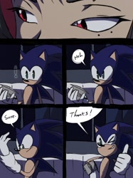 Size: 886x1182 | Tagged: safe, artist:kurobart64, artist:superguy551, sonic the hedgehog, human, comic:birthday comic (superguy551), 2025, bracelet, collaboration, comic, crossover, crossover shipping, duo, ellen joe, english text, female, gift, grin, holding something, male, shipping, smile, speech bubble, straight, thumbs up, wink, zenless zone zero