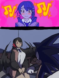 Size: 1302x1736 | Tagged: safe, artist:kurobart64, artist:superguy551, sonic the hedgehog, comic:birthday comic (superguy551), 2025, blushing, bracelet, collaboration, comic, crossover, crossover shipping, duo, ellen joe, english text, female, humanoid, looking at them, male, shipping, sitting, smile, speech bubble, straight, zenless zone zero