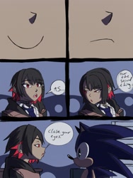 Size: 1302x1736 | Tagged: safe, artist:kurobart64, artist:superguy551, sonic the hedgehog, human, comic:birthday comic (superguy551), 2025, collaboration, comic, crossover, crossover shipping, duo, ellen joe, english text, female, looking at each other, looking at them, male, mouth open, shipping, speech bubble, straight, zenless zone zero