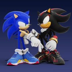 Size: 1080x1080 | Tagged: safe, artist:hunicrio, shadow the hedgehog, sonic the hedgehog, 3d, alternate shoes, duo, male, pointing, puma