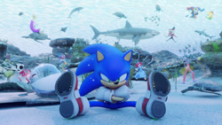 Size: 2000x1125 | Tagged: safe, artist:hunicrio, sonic the hedgehog, 3d, angry, crossover, male, sitting, the amazing digital circus, treads, underwater