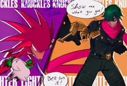 Size: 2048x1382 | Tagged: safe, artist:kobuvox, artist:superguy551, knuckles the echidna, human, 2025, collaboration, crossover, duo, english text, grin, lighter (zenless zone zero), sharp teeth, smile, speech bubble, standing, sunglasses, zenless zone zero