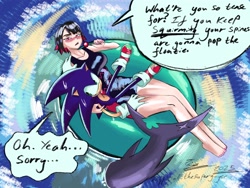Size: 2048x1536 | Tagged: safe, artist:superguy551, sonic the hedgehog, 2025, barefoot, blushing, candy, crossover, crossover shipping, duo, ellen joe, english text, food, holding something, humanoid, lollipop, looking at them, lying down, shipping, sitting, sitting on them, speech bubble, straight, sweat, swimming tube, swimsuit, water, zenless zone zero