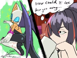 Size: 2048x1536 | Tagged: suggestive, artist:superguy551, rouge the bat, human, 2025, bootyfull rouge, butt, crossover, crossover shipping, drinking, duo, english text, holding something, lesbian, mug, shipping, smile, thought bubble, wink, zenless zone zero, zhu yuan