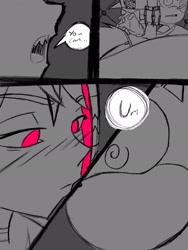 Size: 1536x2048 | Tagged: safe, artist:superguy551, sonic the hedgehog, 2025, blushing, comic, crossover, crossover shipping, duo, ellen joe, english text, female, greyscale, male, monochrome, mouth open, shipping, speech bubble, spiral eyes, spot color, straight, zenless zone zero