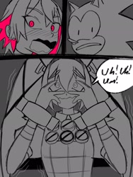 Size: 1536x2048 | Tagged: safe, artist:superguy551, sonic the hedgehog, 2025, character request, comic, crossover, crossover shipping, ellen joe, english text, female, greyscale, male, monochrome, mouth open, shipping, speech bubble, straight, trio, zenless zone zero