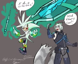 Size: 1964x1620 | Tagged: safe, artist:superguy551, silver the hedgehog, 2025, crossover, duo, english text, grey background, humanoid, looking at them, male, mid-air, mouth open, psychokinesis, seth lowell, smile, speech bubble, standing, zenless zone zero