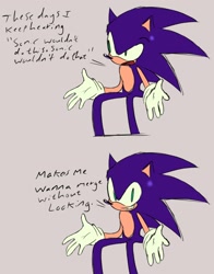 Size: 1644x2100 | Tagged: safe, artist:superguy551, sonic the hedgehog, 2025, english text, grey background, grin, looking at viewer, mouth open, simple background, sitting, smile, solo