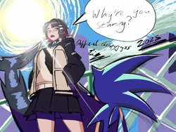 Size: 2048x1536 | Tagged: safe, artist:superguy551, sonic the hedgehog, 2025, crossover, crossover shipping, duo, ellen joe, english text, female, hands in pocket, height difference, humanoid, looking at them, male, outdoors, shipping, speech bubble, standing, straight, zenless zone zero