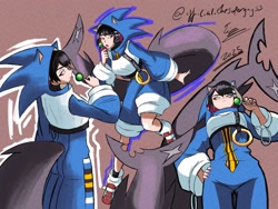 Size: 2800x2100 | Tagged: safe, artist:superguy551, sonic the hedgehog, 2025, barely sonic related, candy, cosplay, crossover, ellen joe, female, food, hand on hip, holding something, hood, hood up, humanoid, lollipop, simple background, solo, standing, zenless zone zero
