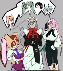 Size: 1569x1781 | Tagged: safe, artist:superguy551, cream the rabbit, vanilla the rabbit, human, rabbit, 2025, character request, crossover, ellen joe, female, implied cream, lidded eyes, looking at them, simple background, smile, speech bubble, standing, trio, zenless zone zero