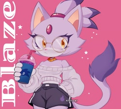 Size: 2048x1850 | Tagged: safe, artist:catfrans, blaze the cat, cat, alternate outfit, drink, female, glasses, holding something, shorts, smoothie, solo, sweater