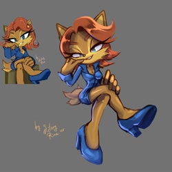 Size: 2000x2000 | Tagged: safe, artist:victoryrina, sally acorn, sally mcacorn, chipmunk, artist name, english text, female, grey background, high heels, pose, simple background, sitting, solo