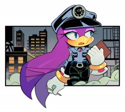 Size: 1900x1700 | Tagged: safe, artist:tiramisuuuu_6, wave the swallow, bird, swallow, alternate outfit, building, city, clothes, female, fully clothed, hat, holding something, outdoors, police outfit, solo, walking