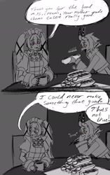 Size: 1288x2048 | Tagged: safe, artist:superguy551, comic:cream has new friends, 2025, chili dog, comic, corin wickes, crossover, cup, drink, duo, eating, english text, female, food, greyscale, holding something, monochrome, mouth open, sitting, sketch, smile, soukaku (zenless zone zero), speech bubble, zenless zone zero