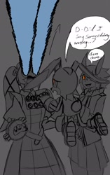 Size: 1288x2048 | Tagged: safe, artist:superguy551, cream the rabbit, human, comic:cream has new friends, 2025, comic, corin wickes, crossover, crying, english text, female, greyscale, humanoid, looking at them, monochrome, mouth open, simple background, sketch, smile, soukaku (zenless zone zero), speech bubble, spot color, tears, trio, zenless zone zero