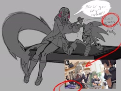 Size: 2048x1536 | Tagged: safe, artist:superguy551, sonic the hedgehog, 2025, alexandrina sebastiane, corin wickes, crossover, crossover shipping, duo, ellen joe, english text, feeding, female, greyscale, holding something, humanoid, looking at each other, looking at them, male, monochrome, mouth open, reference inset, shipping, sitting, speech bubble, straight, zenless zone zero